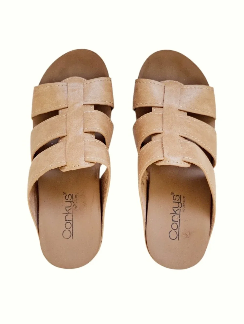 Corkys Tan Faux Leather Cork Platform Wedge Slide Sandals Boho Resort 7